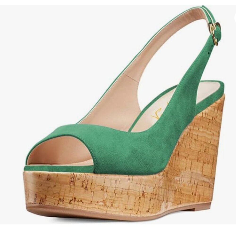 FOWT Green Peep Toe Slingback Platform Wedge High Heel Buckle Open Toe Sandals